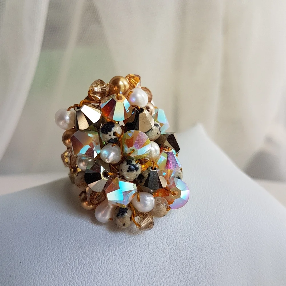 Swarovski Elements Large Dark Brown & Dalmatian Beads Cluster Statement Ring NWT